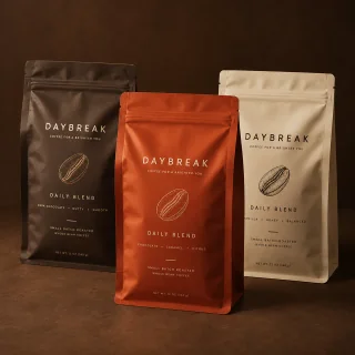 Three fictional Daybreak specialty coffee bags in brown, orange and cream packaging