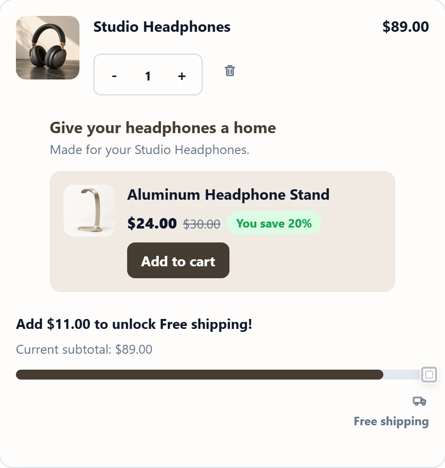 Gosho Cart recommends a headphone stand at $24 instead of $30 before checkout.