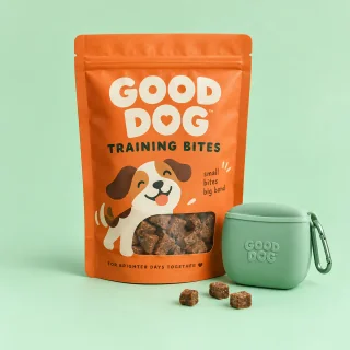 Fictional Good Dog training treats with a mint-green treat pouch